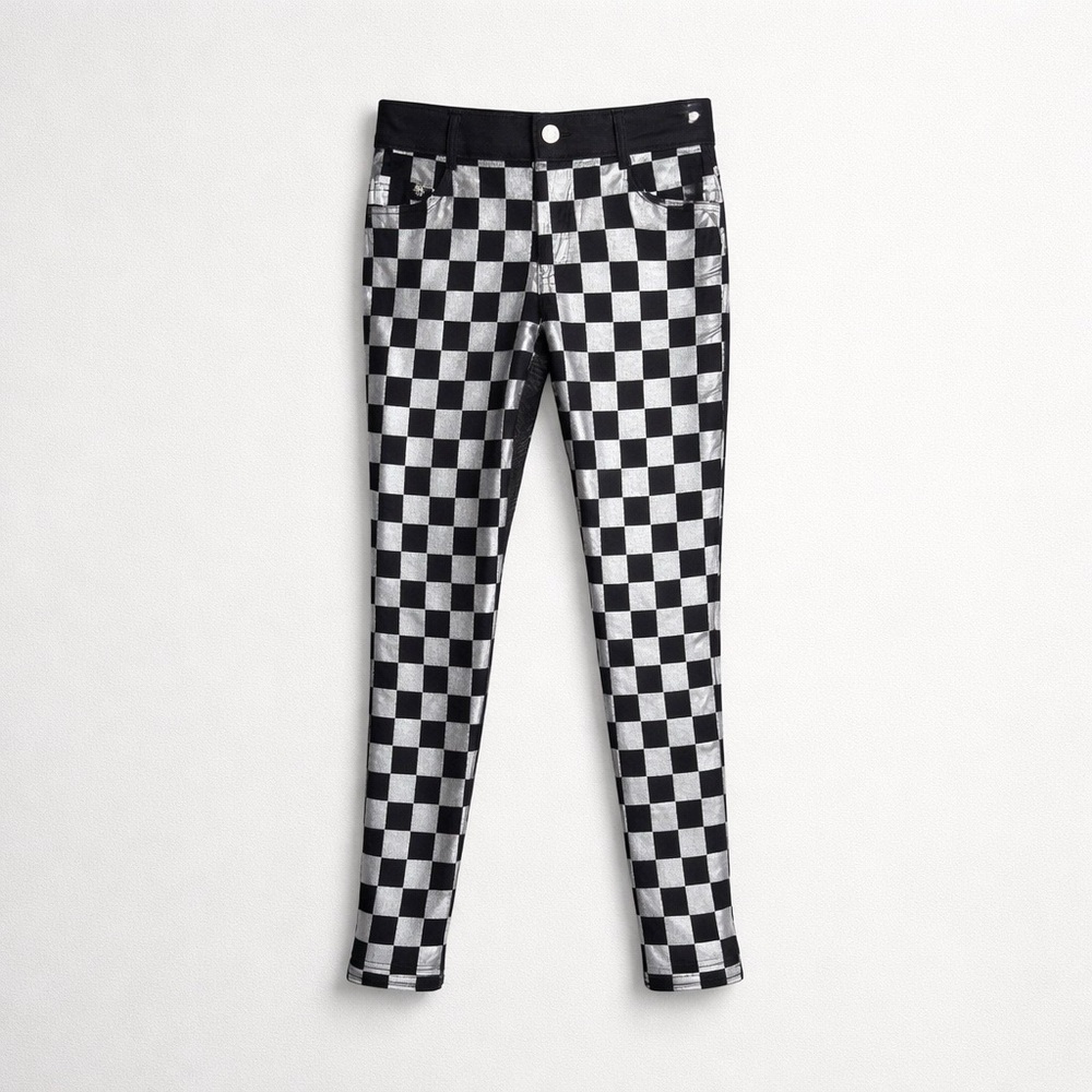 Yelete Metallic Checkerboard Skinny Pants Stretch pants Medium size